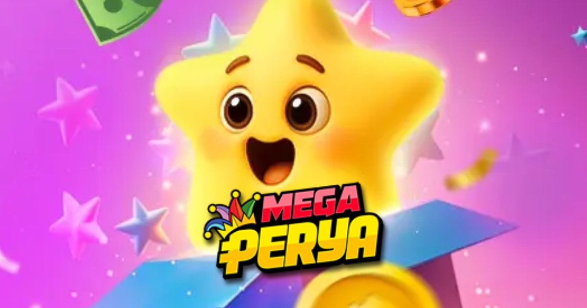 Main banner showing MegaPerya Casino as a GCash Entertainment Hub with navigation to app, payments, and account access